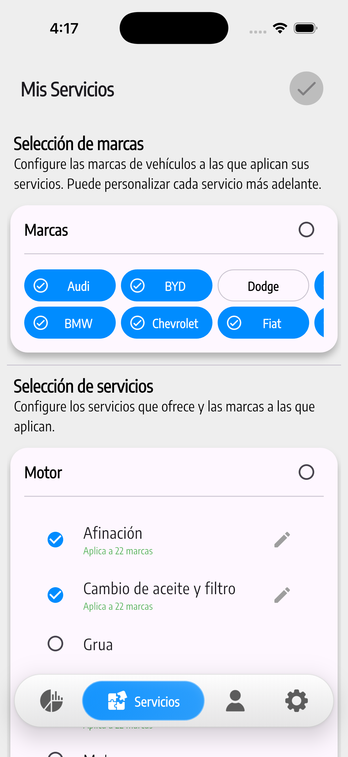 Configuración de servicios y marcas del proveedor
