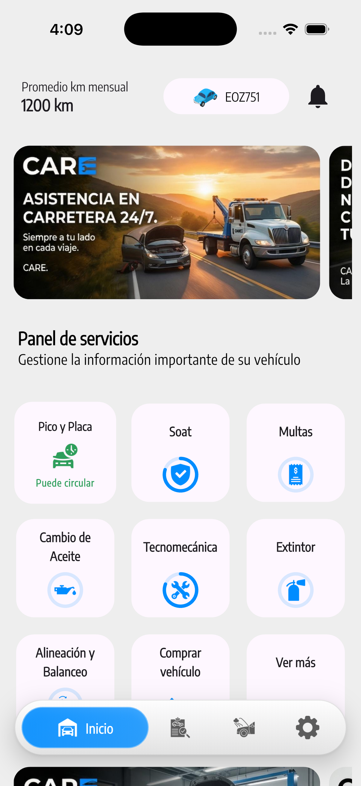Pantalla Inicio de CARE: panel de servicios del vehículo