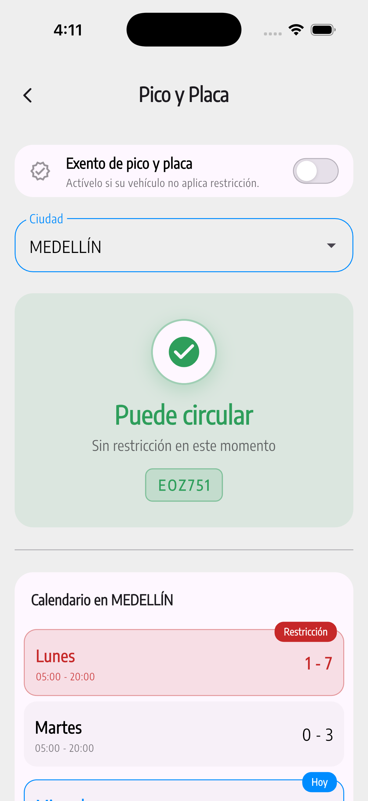 Pantalla de pico y placa en CARE
